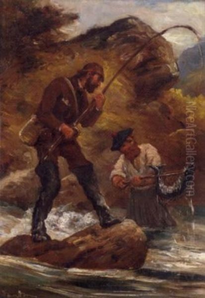 Netting A Salmon Oil Painting by Alexander Davidson