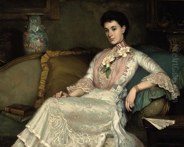 Portrait Of A Lady In A White Dress And Pink Collar, In A Interior Oil Painting by Allan Douglas Davidson