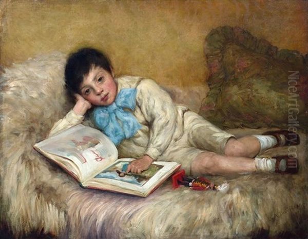 Knabe Mit Bilderbuch Auf Einem Sofa Liegend Oil Painting by Allan Douglas Davidson