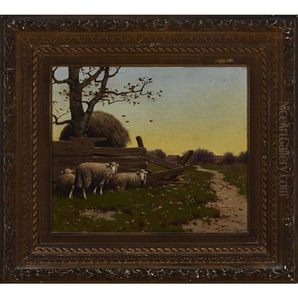 Sheep And Haystack By A Pathway At Dawn Oil Painting by Charles Grant Davidson