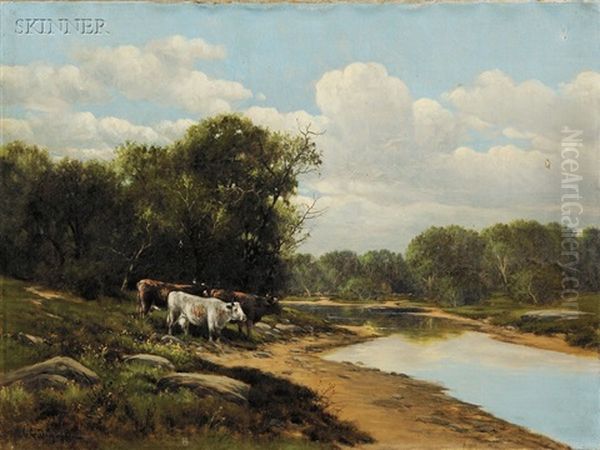 Cows On A River Bank (+ Sheep Grazing By A Country Road; 2 Works) Oil Painting by Charles Grant Davidson