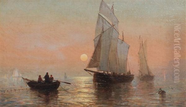 Harbor Scene At Sunrise With Boat And Fisherman Oil Painting by Julian O. Davidson