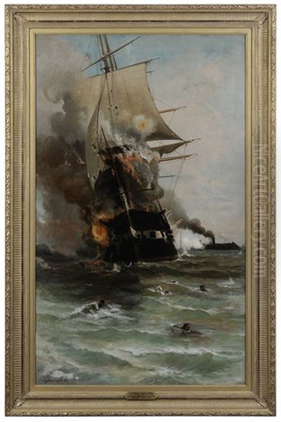 The Burning Of The Uss Congress, March 8, 1862 Oil Painting by Julian O. Davidson