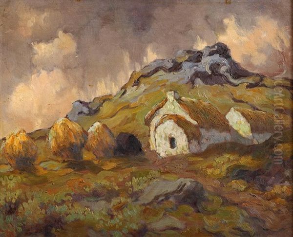 Connemara Cottage With Haystacks & Peat Oil Painting by Lilian Lucy Davidson