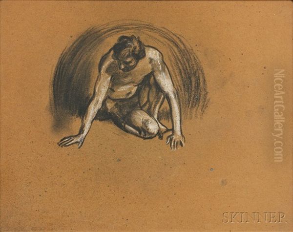 Three Framed Figure Drawings: Crouching Male, Seated Male Nude Oil Painting by Arthur B. Davies