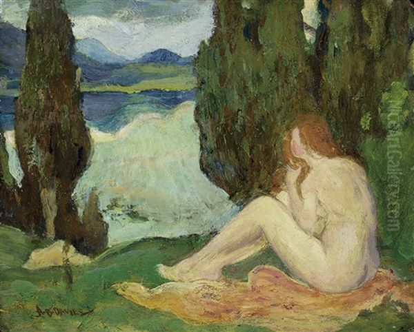 Landscape With A Seated Female Nude Oil Painting by Arthur B. Davies