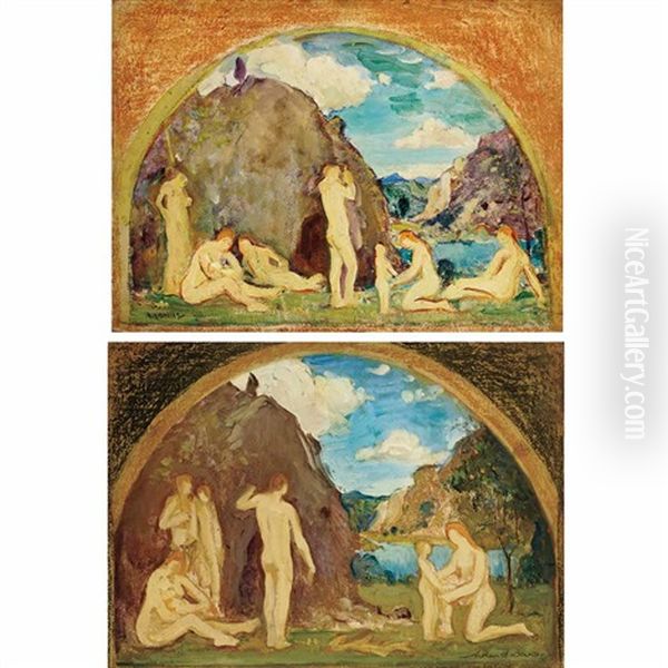 Mural Studies Of Nudes In A Vast Landscape : A Pair Oil Painting by Arthur B. Davies