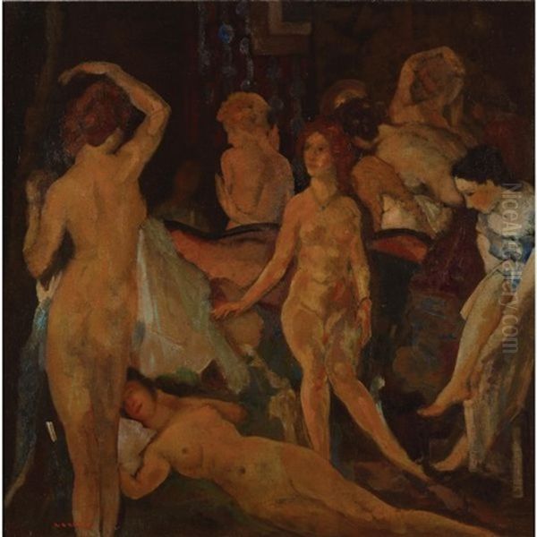 Women In An Interior Oil Painting by Arthur B. Davies