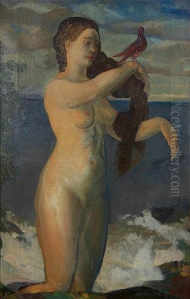 Girl & Bird Oil Painting by Arthur B. Davies