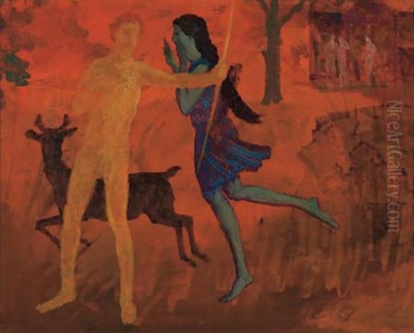 Two Figures With Deer Oil Painting by Arthur B. Davies