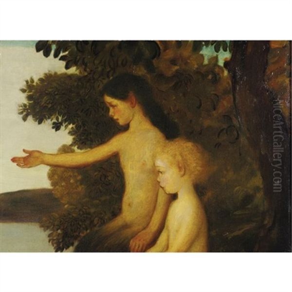 On The Banks Of The Arethusa - Little Fauns Oil Painting by Arthur B. Davies