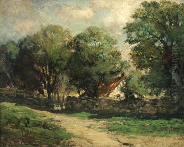 Country Cottage With Stone Wall Oil Painting by Charles P. Appel