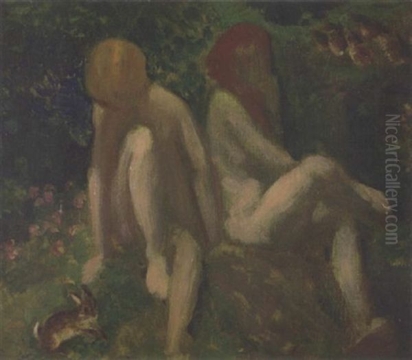 Study Of Two Female Nudes In A Landscape Oil Painting by Arthur B. Davies