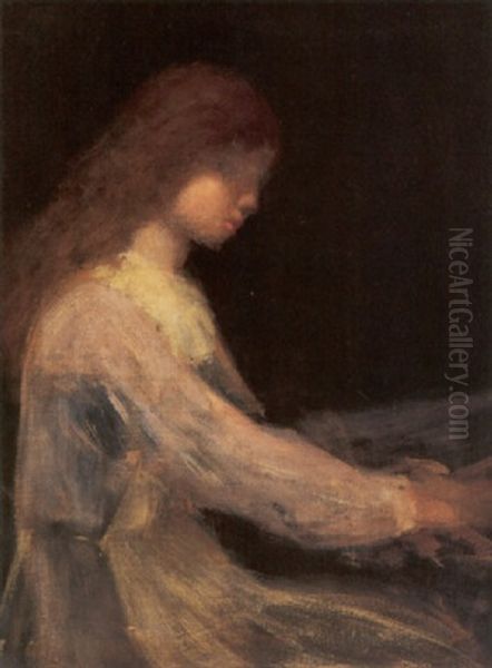 Portrait Of A Young Girl Playing Piano Oil Painting by Arthur B. Davies