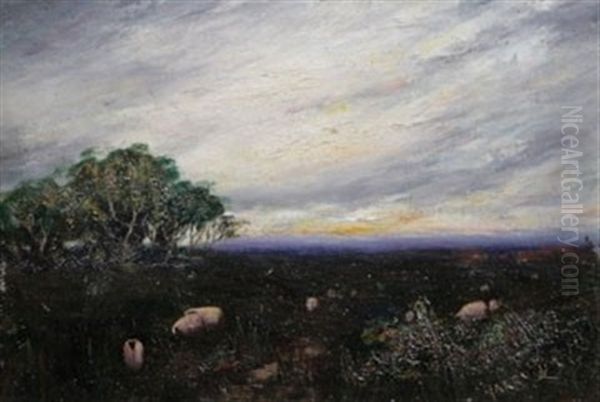 Shepherd And Sheep In A Landscape, Sheep In A Nocturnal Landscape Oil Painting by Henry Eason Davies