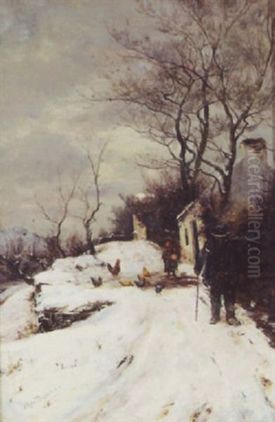 Feeding Chickens - Winter Village Scene Oil Painting by James Hey Davies