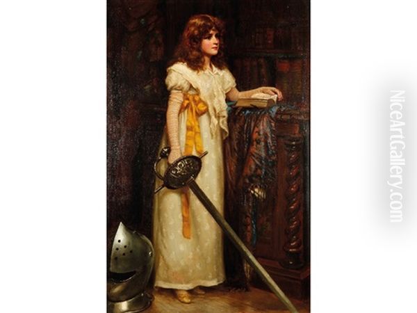 A Young Girl Wearing A White Dress And Holding A Sword, Standing Within A Library Interior Oil Painting by Norman Prescott Davies