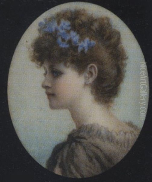 A Canadian: A Young Lady, Wearing Grey Dress And Blue Flowers In Her Upswept Hair Oil Painting by Norman Prescott Davies