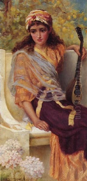 Classical Girl With A Stringed Instrument Oil Painting by Norman Prescott Davies