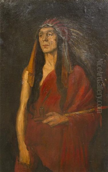 Portrait Of Indian Chief In Headdress Oil Painting by Cornelia Cassady Davis