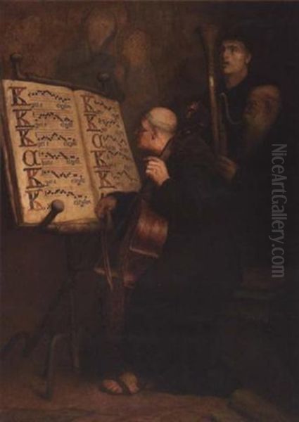 Three Monks Playing Liturgical Chant Oil Painting by Frederick William Davis