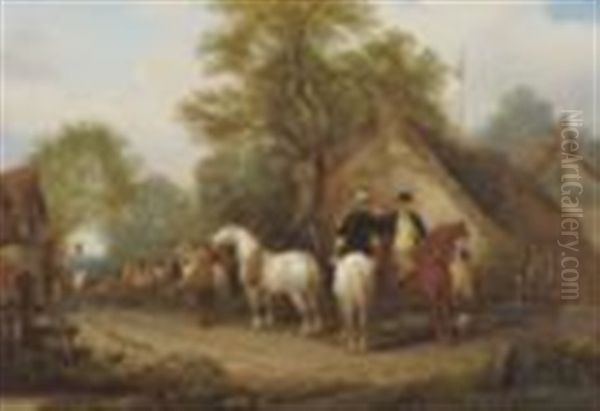 Village Scene With A Horse Fair Oil Painting by Henry William Banks Davis