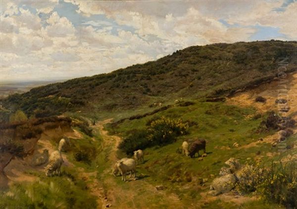 Landschaft Mit Schafen - Im Mittelgrund Der Kunstler An Der Staffelei by Henry William Banks Davis