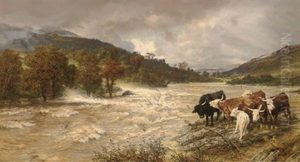 A Flood On The Wye, Subsiding Oil Painting by Henry William Banks Davis