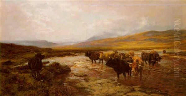 Cattle Crossing A Stream - Argylshire Oil Painting by Henry William Banks Davis