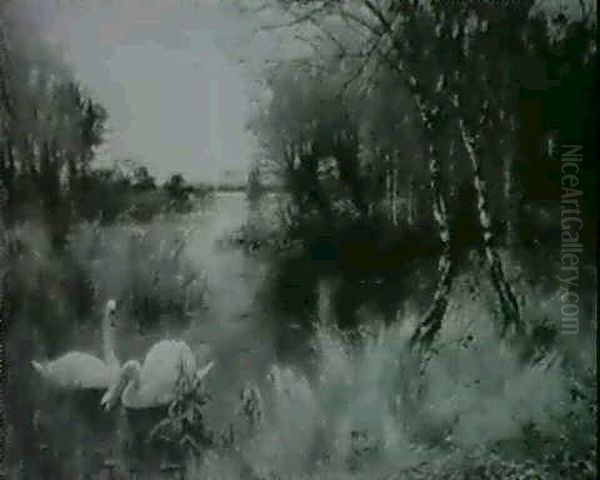 A Scene In The Norfolk Broads Or Fens;                      Swans On A River Oil Painting by J. Valentine Davis