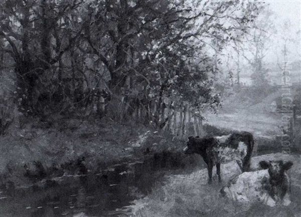 Cattle Grazing Beside A Stream Oil Painting by J. Valentine Davis