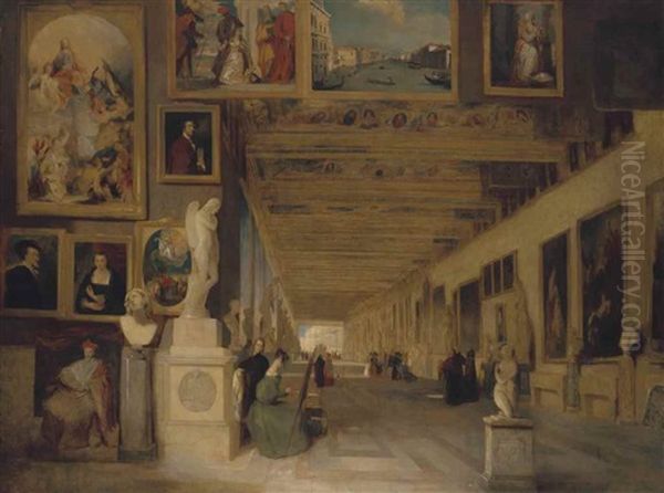 The Long Gallery Of The Uffizi, Florence Oil Painting by John Scarlett Davis