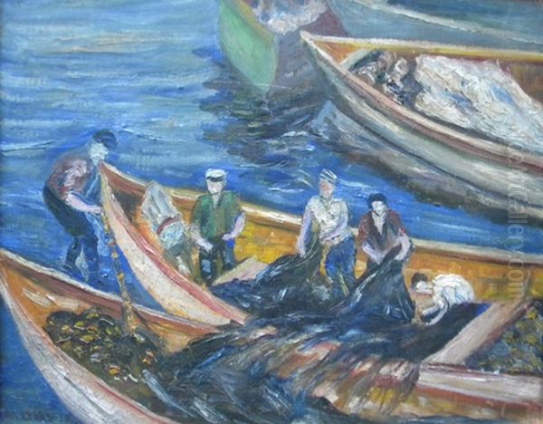 Fishermen Hauling In Nets Oil Painting by Mabel E. Davis