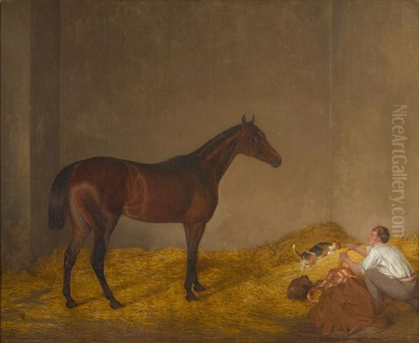 A Study Of The Horse Derviche In His Stable With A Figure And A Dog In The Foreground Oil Painting by Richard Barrett Davis