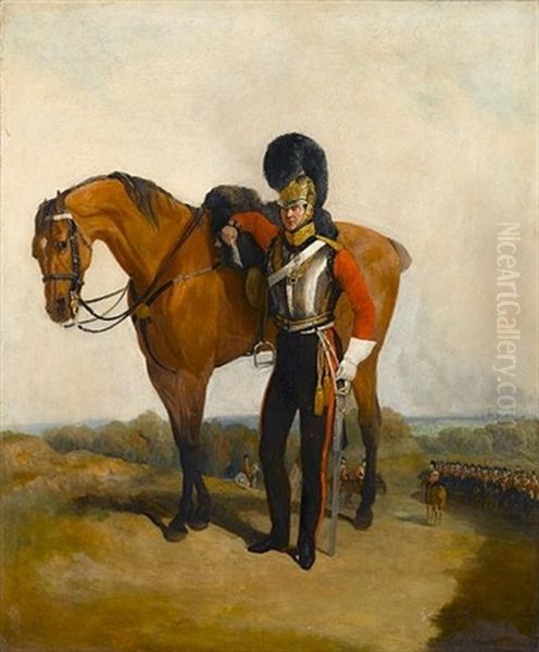 An Officer Of The 2nd Life Guards In Full Dress With His Horse, Windsor Castle In The Background by Richard Barrett Davis