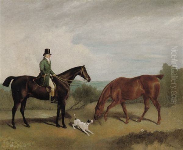 Ralph John Lambton With Two Hunters And A Terrier In A Landscape Oil Painting by Richard Barrett Davis