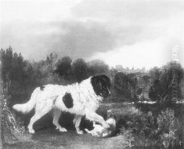 A Newfoundland And A Spaniel Playing In A Landscape With A View Of Windsor Castle Oil Painting by Richard Barrett Davis