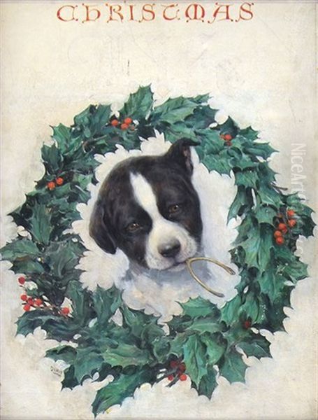 Puppy Holding Wishbone In Mouth Surrounded By Wreath (magazine Cover Illus. For Life) Oil Painting by Warren B. Davis