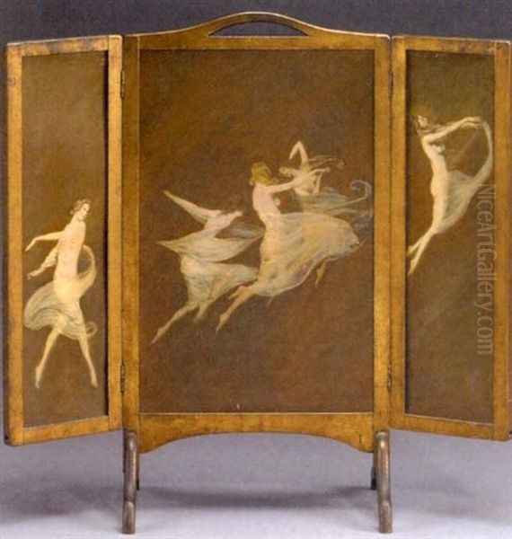 Dancing Nudes (3 Panel Fire Screen, Sides Smaller) Oil Painting by Warren B. Davis