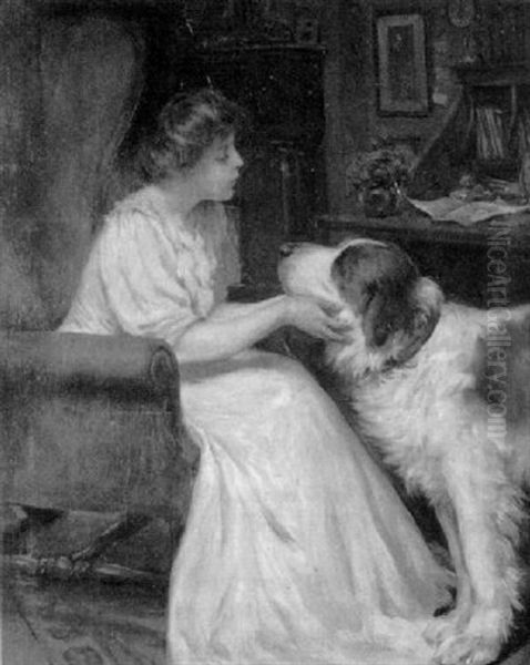 Lady With Saint Bernard Oil Painting by Warren B. Davis