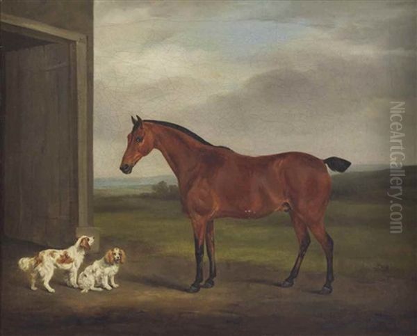 A Chestnut Mare And Two Spaniels Before A Stable Door Oil Painting by William Henry Davis