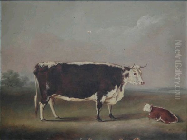 A Cow And A Calf In A Landscape Oil Painting by William Henry Davis