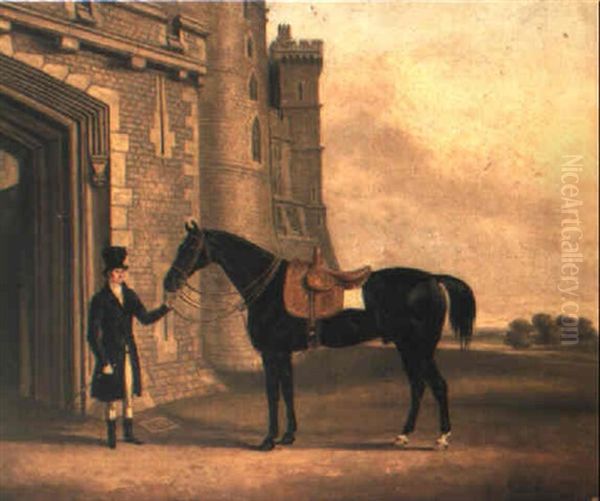 A Groom Holding A Hunter Outside Windsor Castle Oil Painting by William Henry Davis