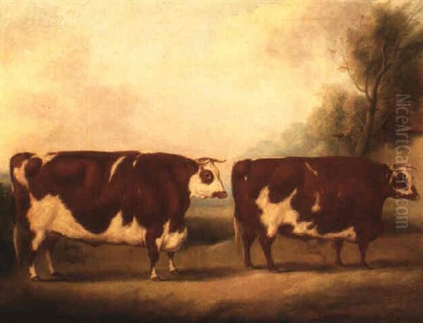 Mr. Richard Stratton's Shorthorn Oxen In A Landscape Oil Painting by William Henry Davis