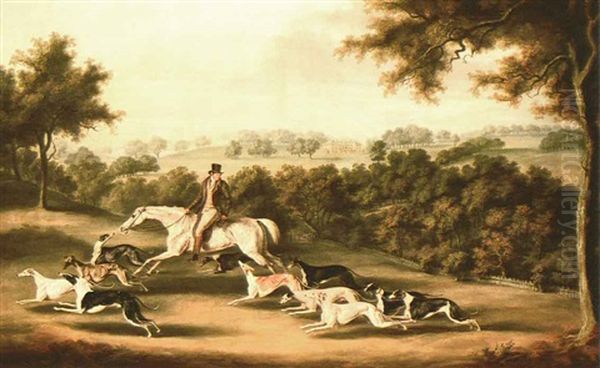 Portrait Of A Servant & Horse & Favourite Grey Hounds At    Exercise Belonging To Colonel Newport Charlett Oil Painting by William Henry Davis