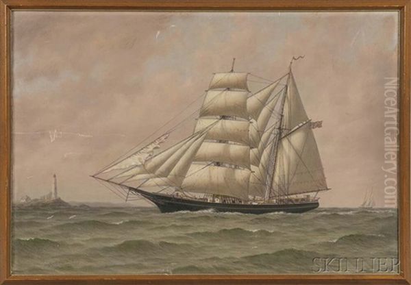 Portrait Of A Ship Off The Coast With Lighthouse Oil Painting by William Moore Davis