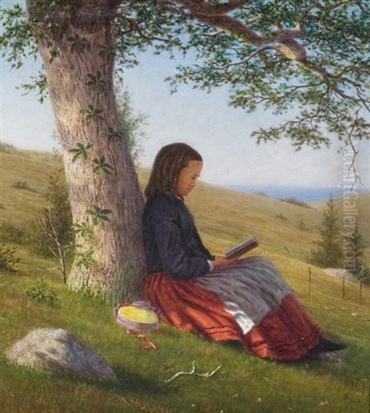 Young Girl Reading By A Tree Oil Painting by William Moore Davis