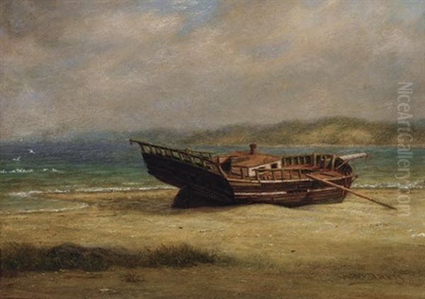 Wreck On Poquot Beach, Port Jefferson Harbor Oil Painting by William Moore Davis