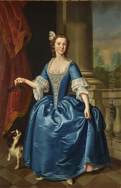 Portrait Of A Young Lady, Full-length, In A Blue Dress With A Spaniel At Her Side, With A Landscape Beyond Oil Painting by Jeremiah Davison