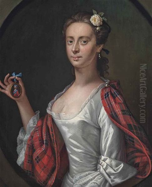 Portrait Of A Lady, Believed To Be Jenny (jean) Cameron, Half-length, In A White Dress And Tartan Wrap, Holding A Miniature Of Bonnie Prince Charlie... Oil Painting by Jeremiah Davison